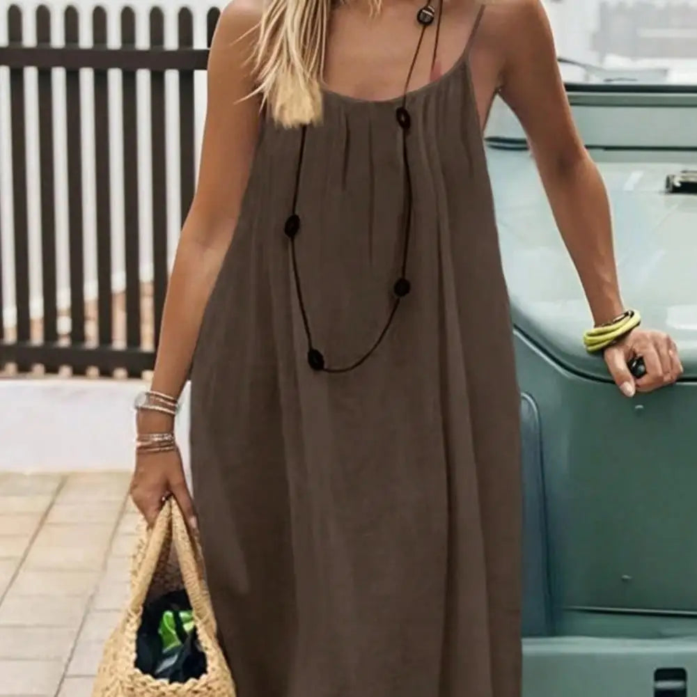 Temperament Suspender Women Dress 2026 Summer Pure Color Backless Loose Maxi Dress Elegant Versatile Big Swing Beach Dress