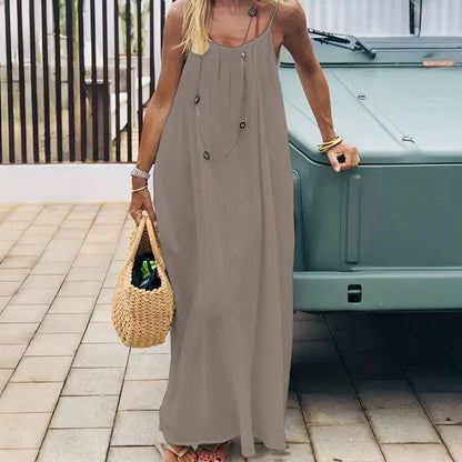 Temperament Suspender Women Dress 2026 Summer Pure Color Backless Loose Maxi Dress Elegant Versatile Big Swing Beach Dress