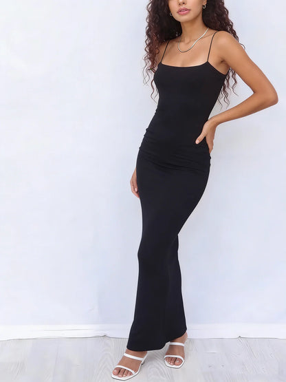 Women Dress Spaghetti Strap Solid Ruched Bodycon Maxi Dress Minimalist Spring Summer Chic Party night Out Flattering Outfit