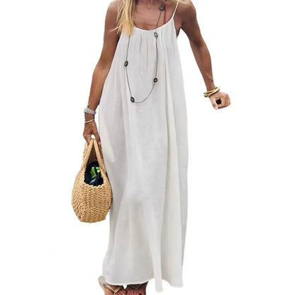 Temperament Suspender Women Dress 2026 Summer Pure Color Backless Loose Maxi Dress Elegant Versatile Big Swing Beach Dress